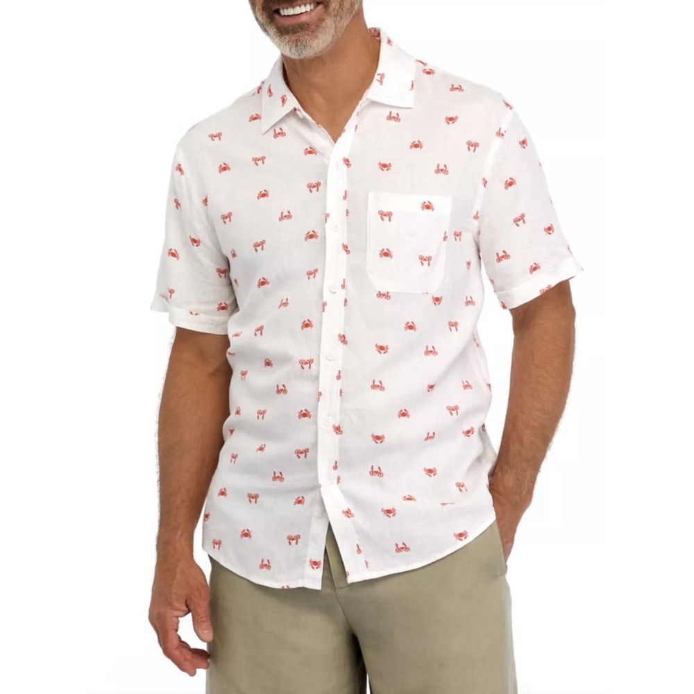 Magaschoni Man Linen Blend Crab Print Shirt Men M Ivory Coastal Resort Beach